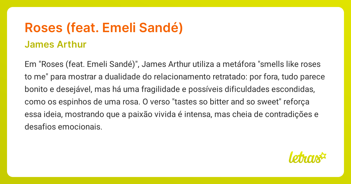 Significado da música ROSES (FEAT. EMELI SANDÉ) (James Arthur) LETRAS
