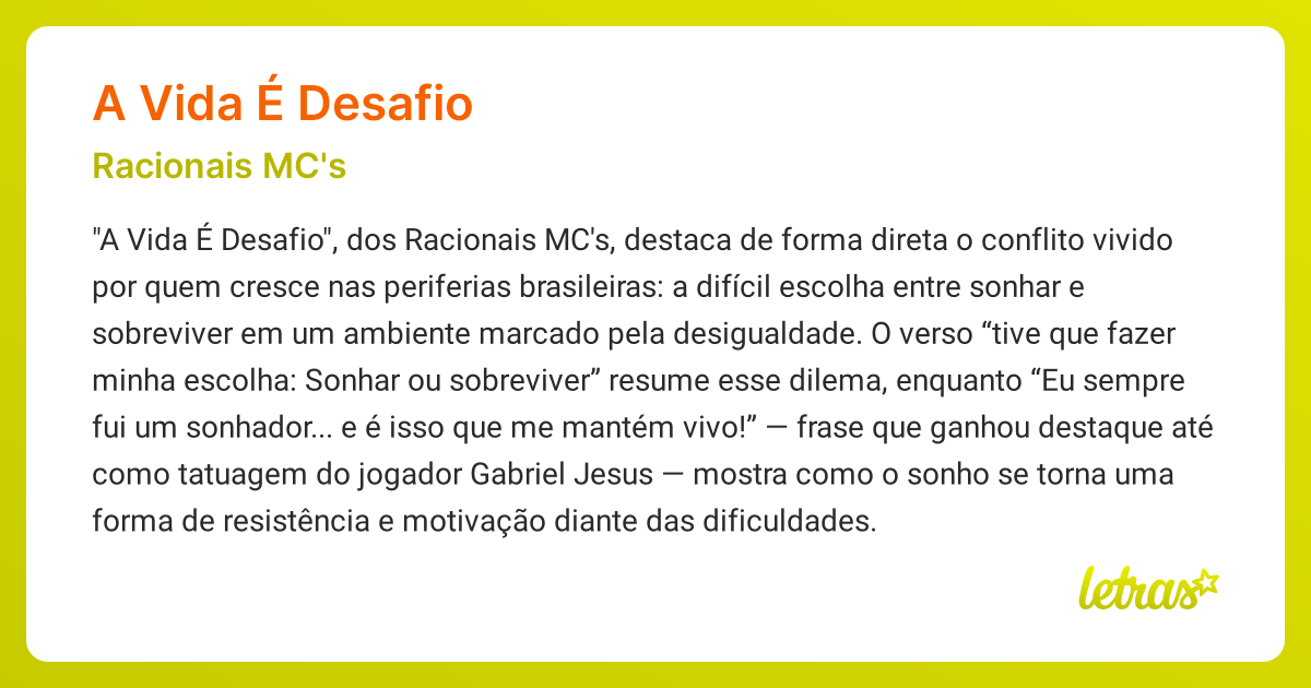 Significado da música A VIDA É DESAFIO (Racionais MC's) - LETRAS.MUS.BR
