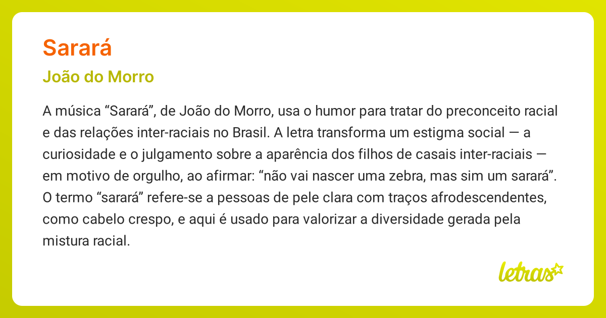 Significado da música SARARÁ (João do Morro) - LETRAS.MUS.BR