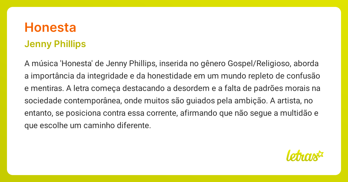 Significado da música HONESTA (Jenny Phillips) - LETRAS.MUS.BR