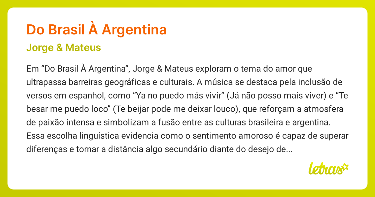 Significado da música DO BRASIL À ARGENTINA (Jorge & Mateus) - LETRAS ...