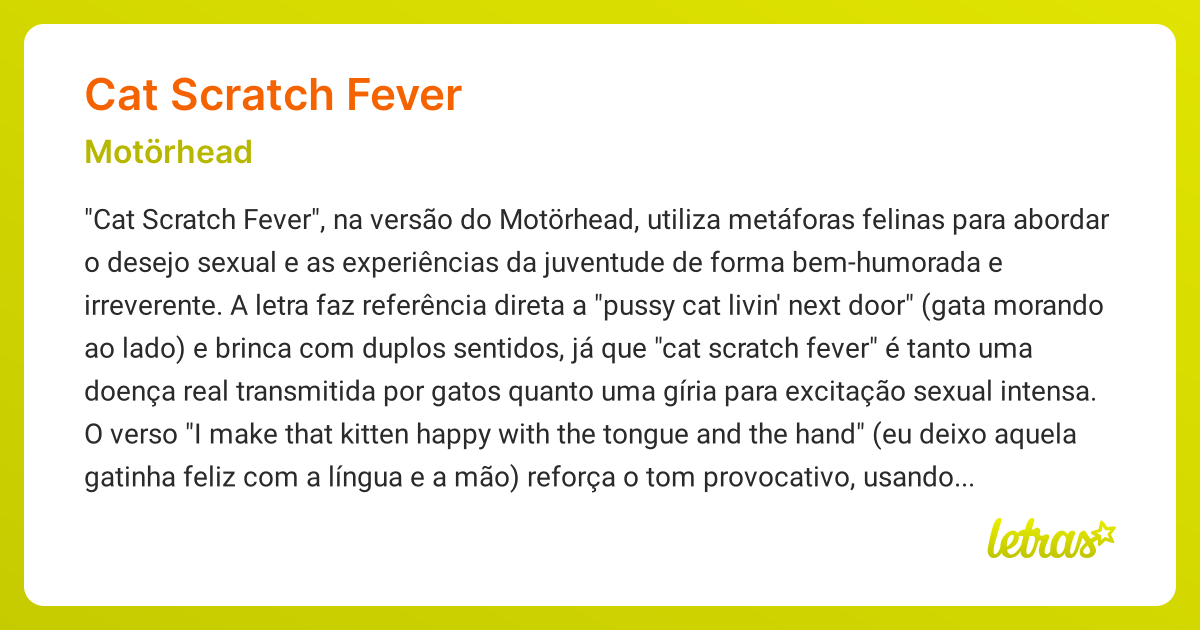 Significado da música CAT SCRATCH FEVER (Motörhead) - LETRAS.MUS.BR