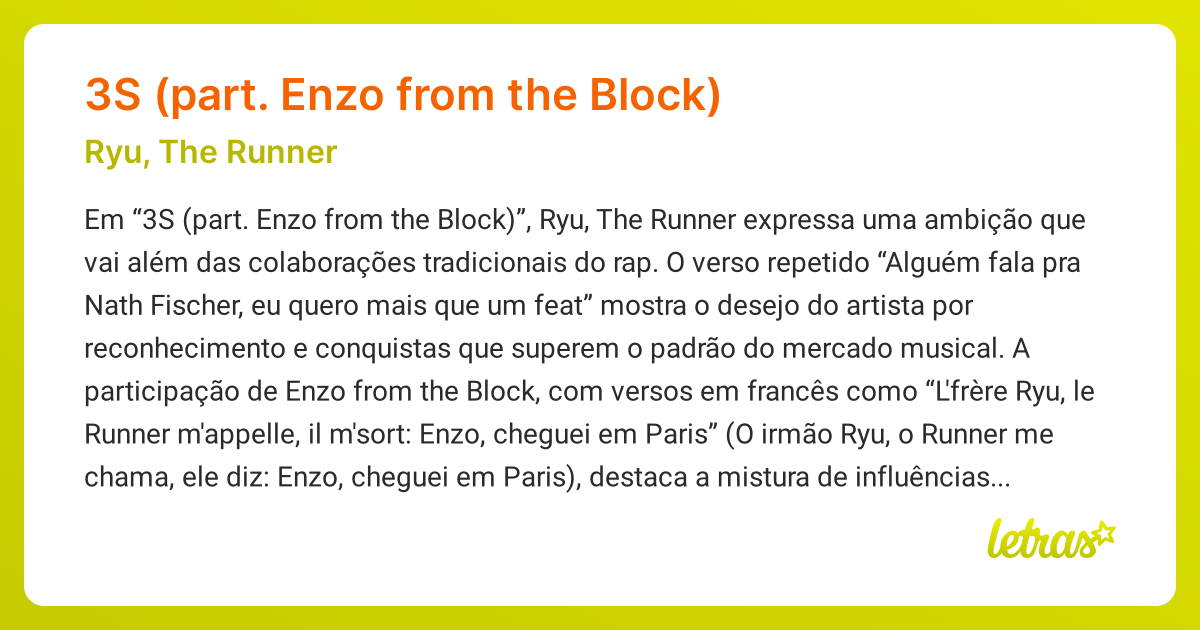 Significado da música 3S (PART. ENZO FROM THE BLOCK) (Ryu, The Runner ...