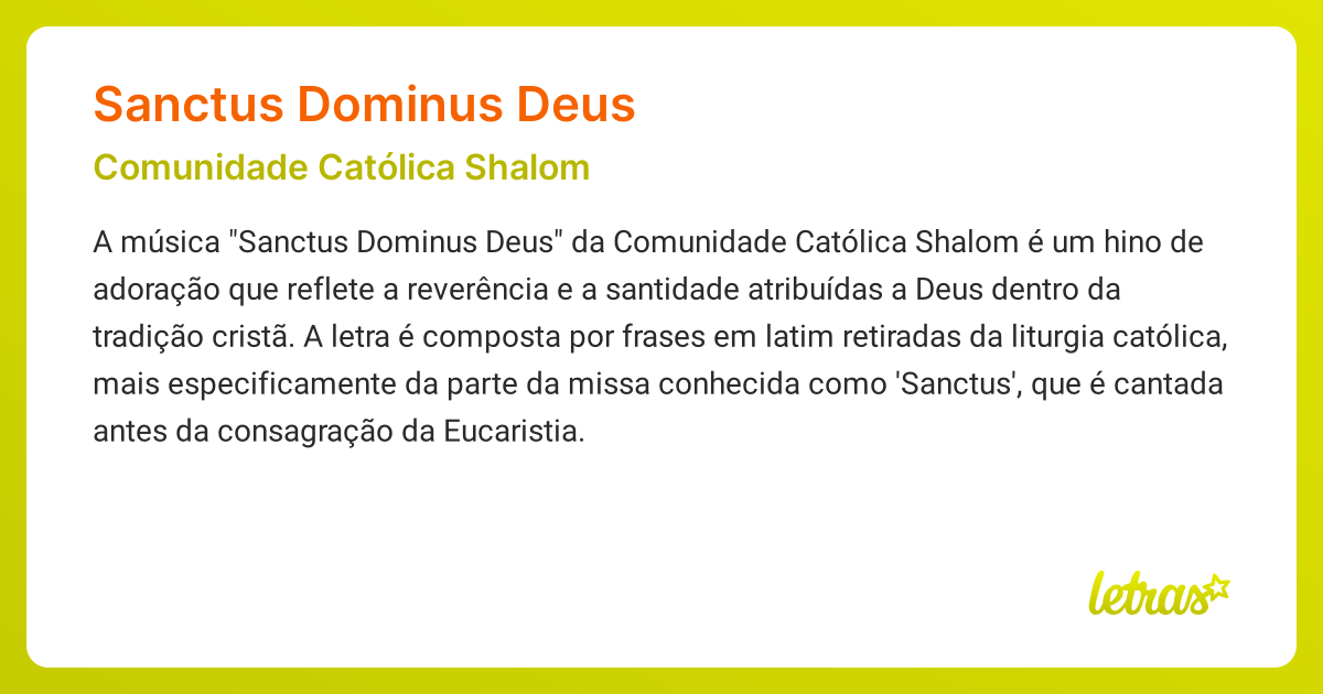 Significado da música SANCTUS DOMINUS DEUS (Comunidade Católica Shalom ...