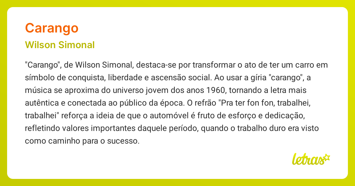 Significado da música CARANGO (Wilson Simonal) - LETRAS.MUS.BR