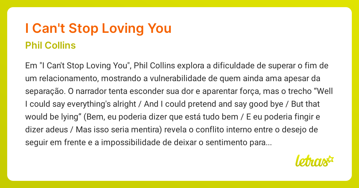 Significado da música I CAN'T STOP LOVING YOU (Phil Collins) - LETRAS