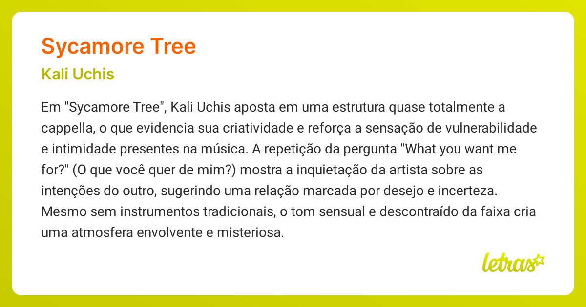 Significado da música SYCAMORE TREE (Kali Uchis) LETRAS.MUS.BR
