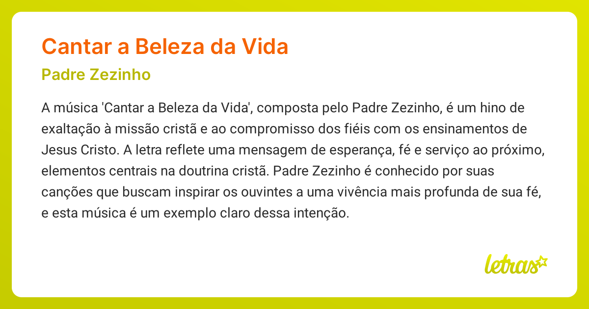 Significado da música CANTAR A BELEZA DA VIDA (Padre Zezinho) - LETRAS ...