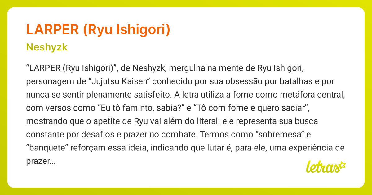 Significado da música LARPER (RYU ISHIGORI) (Neshyzk) - LETRAS.MUS.BR