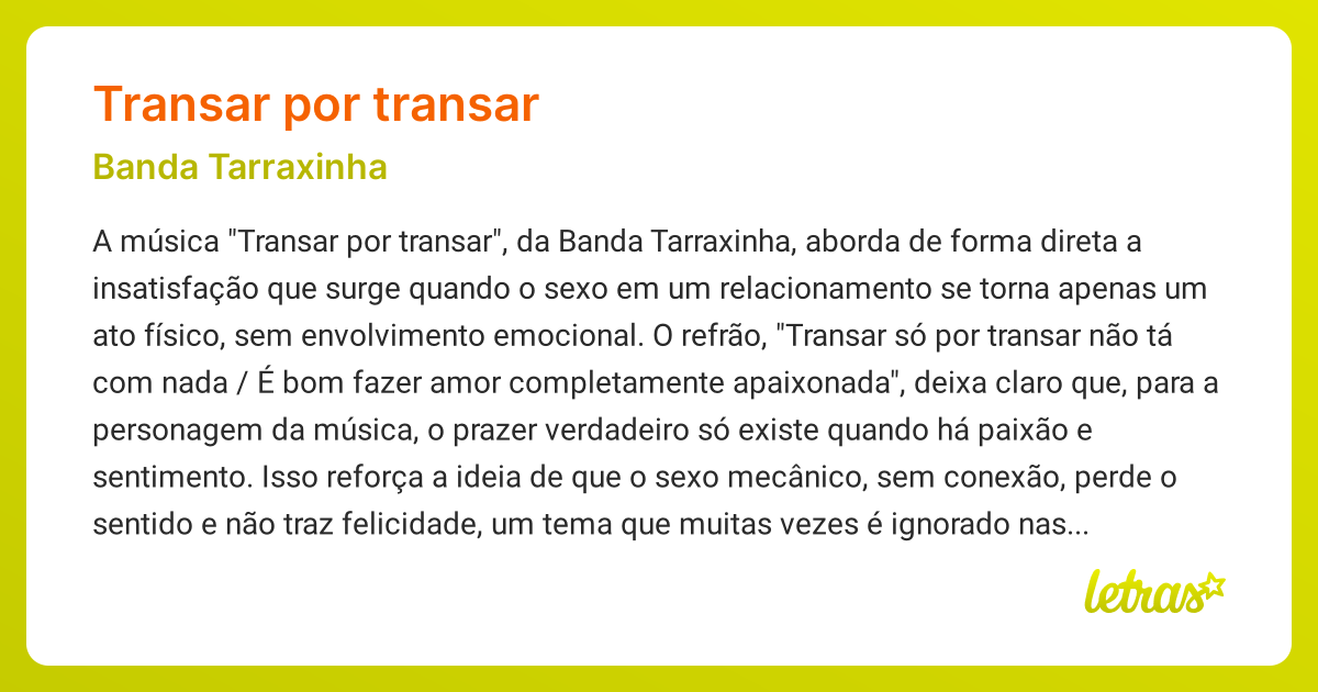 Significado da música TRANSAR POR TRANSAR (Banda Tarraxinha) - LETRAS ...