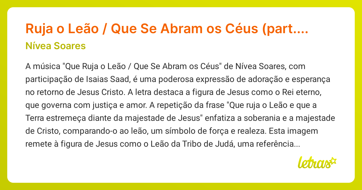 Significado da música Ruja o Leão / Que Se Abram os Céus (part. Isaias ...
