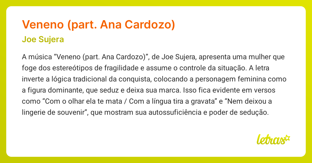 Significado da música VENENO (PART. ANA CARDOZO) (Joe Sujera) - LETRAS ...
