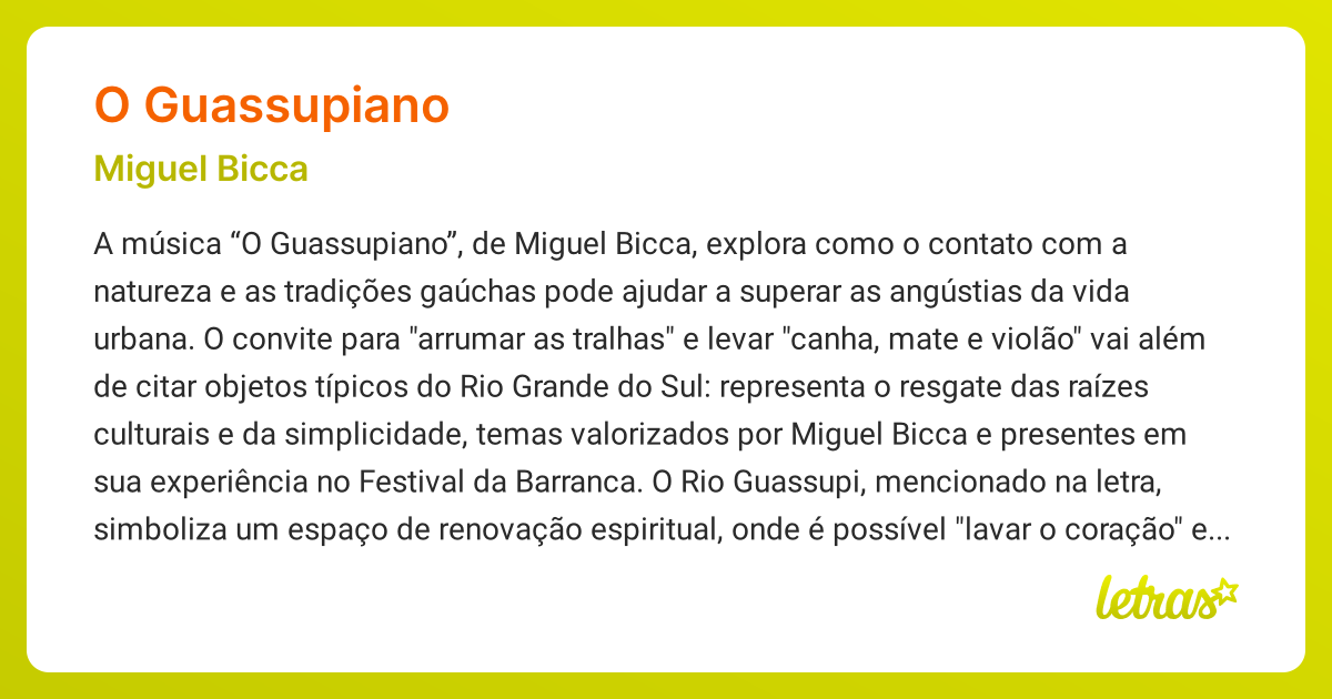 Significado da música O GUASSUPIANO (Miguel Bicca) - LETRAS.MUS.BR