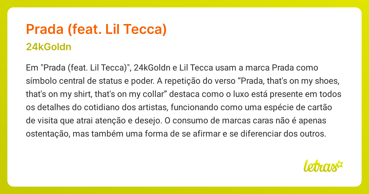 Significado da música PRADA (FEAT. LIL TECCA) (24kGoldn) - LETRAS.MUS.BR