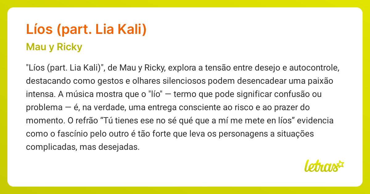 Significado da música LÍOS (PART. LIA KALI) (Mau y Ricky) - LETRAS.MUS.BR