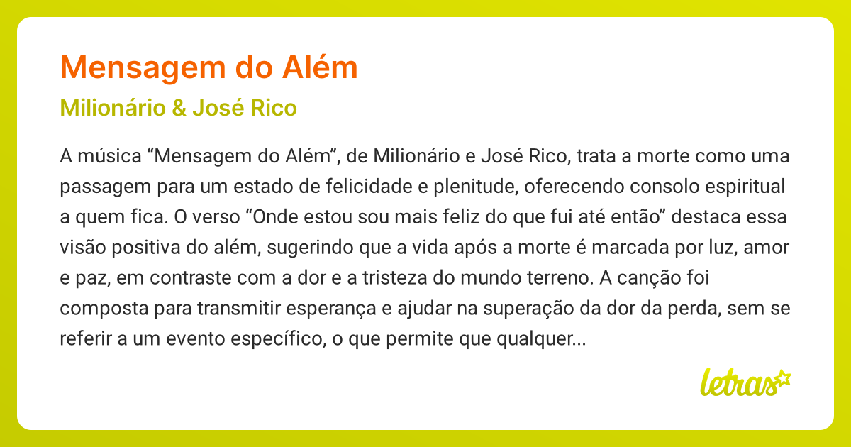 Significado da música MENSAGEM DO ALÉM (Milionário e José Rico ...