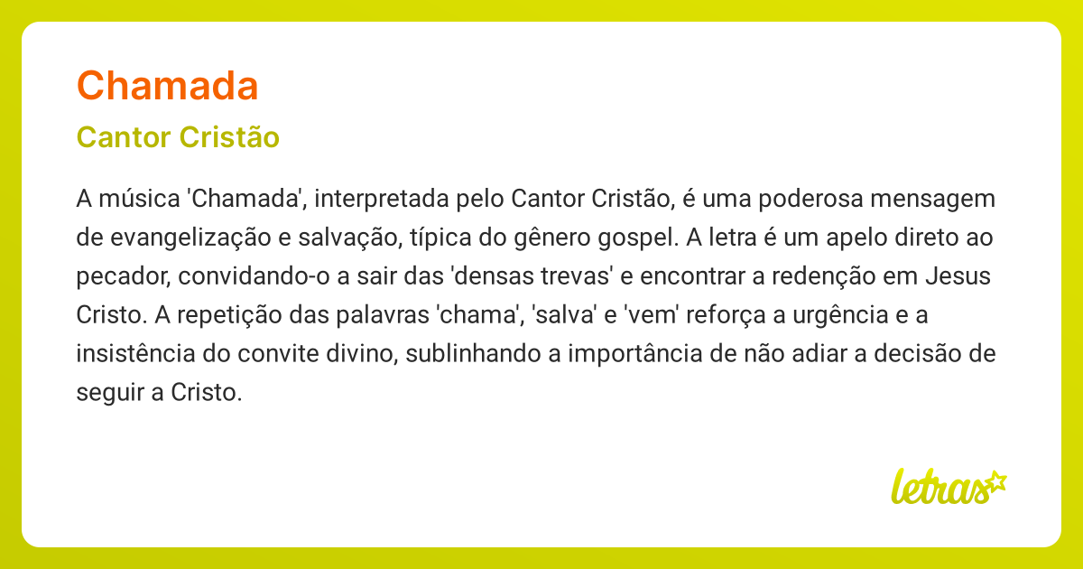 Significado da música CHAMADA (Cantor Cristão) - LETRAS.MUS.BR