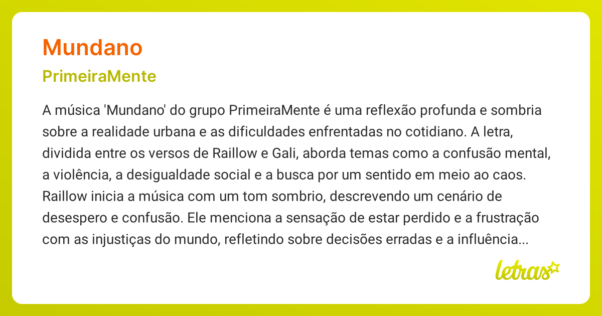 Significado da música MUNDANO (PrimeiraMente) - LETRAS.MUS.BR