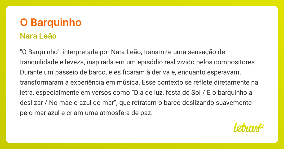 Significado da música O BARQUINHO (Nara Leão) - LETRAS.MUS.BR