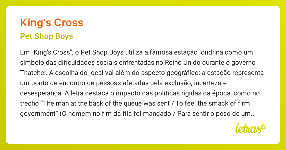 Significado da música KING'S CROSS (Pet Shop Boys) - LETRAS.MUS.BR