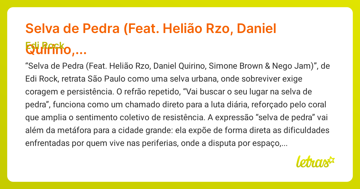 Significado da música Selva de Pedra (Feat. Helião Rzo, Daniel Quirino ...