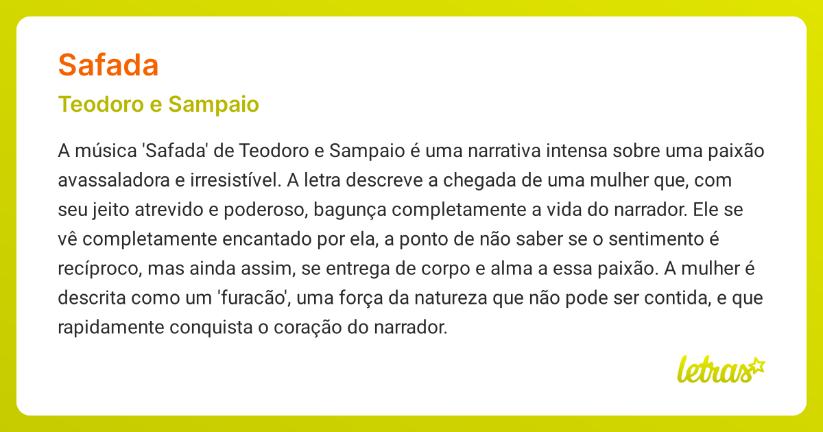 Significado da música SAFADA (Teodoro e Sampaio) - LETRAS.MUS.BR