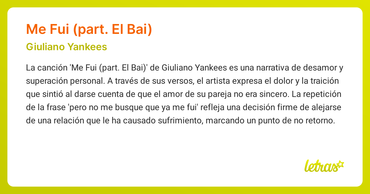 Significado de la canción ME FUI (PART. EL BAI) (Giuliano Yankees ...