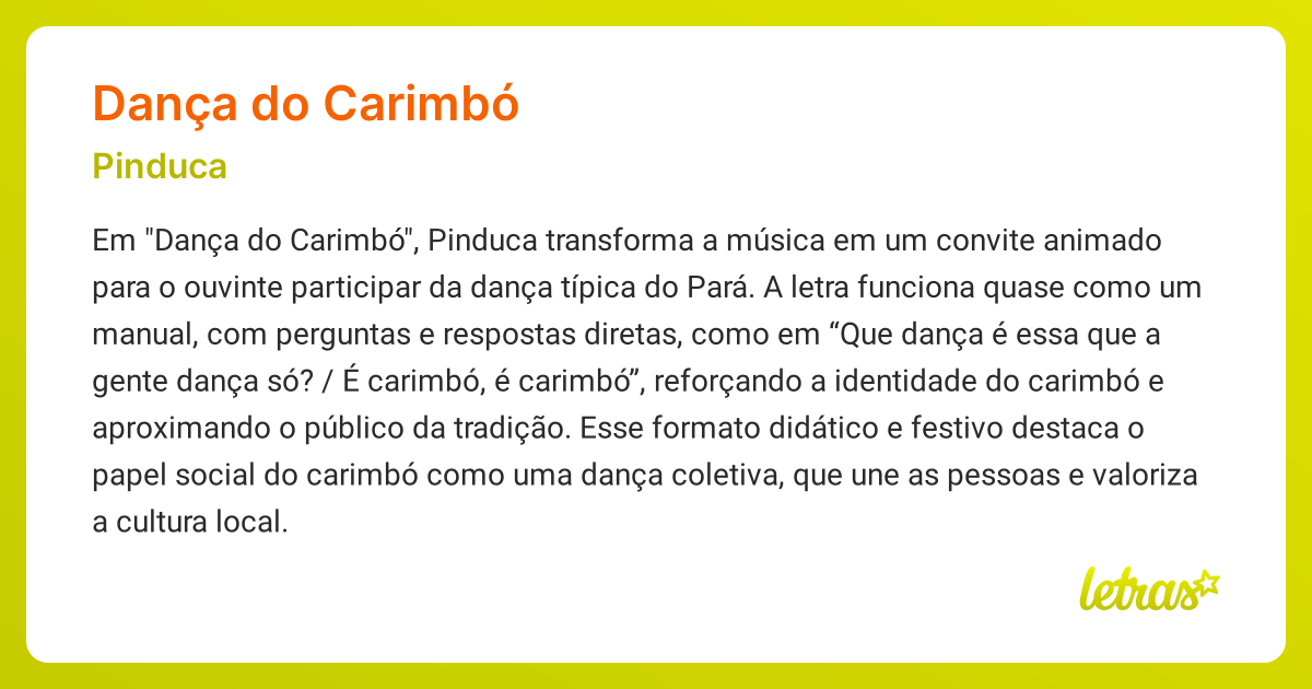 Significado da música DANÇA DO CARIMBÓ (Pinduca) - LETRAS.MUS.BR