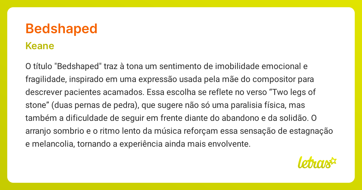 Significado da música BEDSHAPED (Keane) - LETRAS.MUS.BR