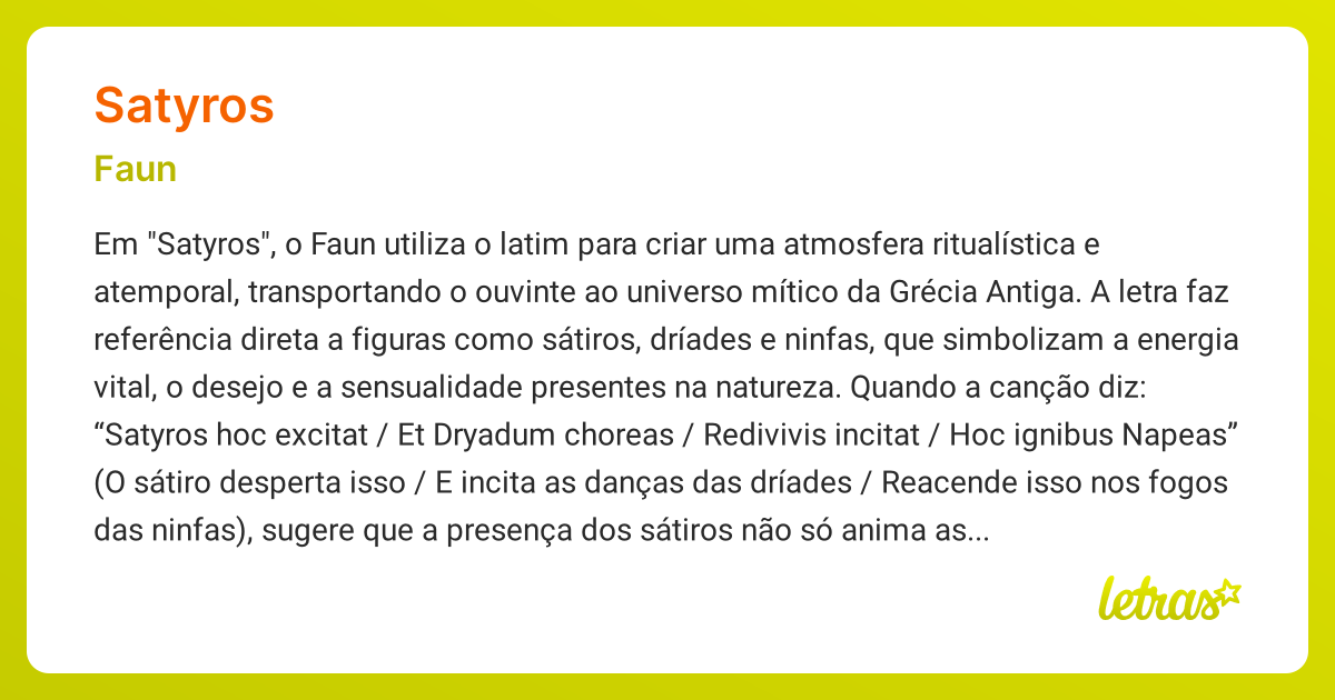 Significado da música SATYROS (Faun) - LETRAS.MUS.BR