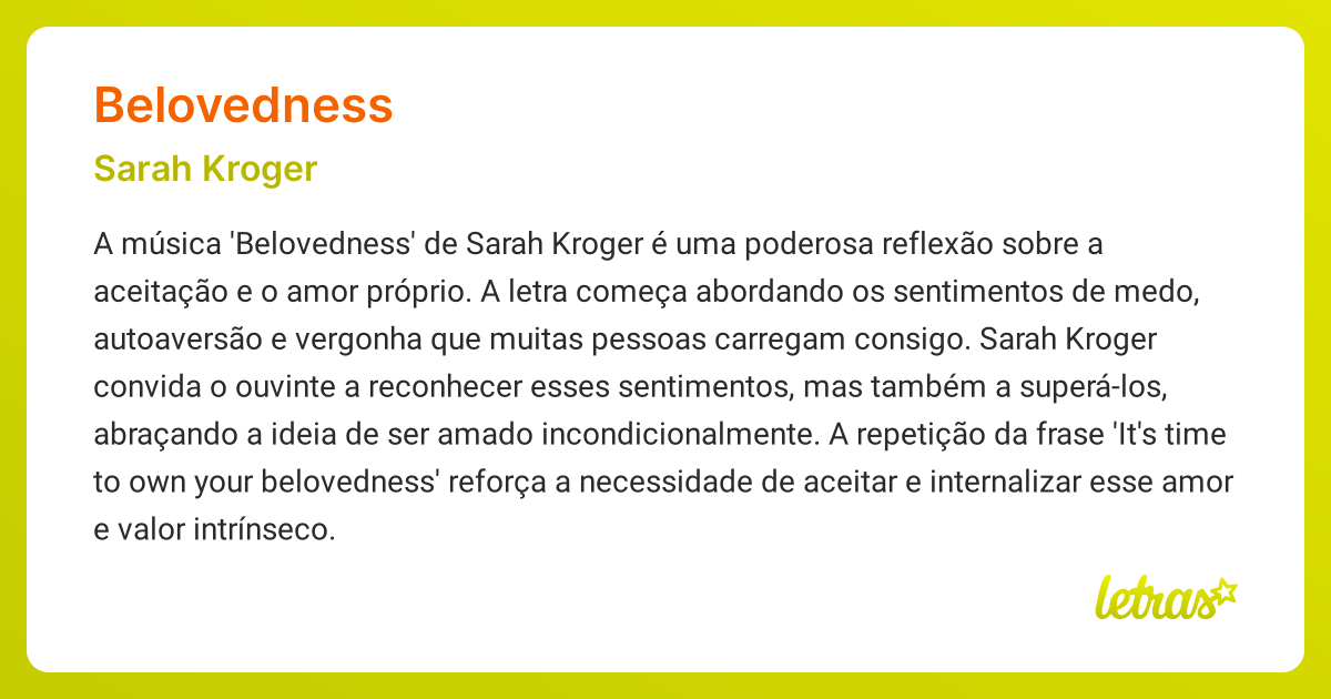 Significado da música BELOVEDNESS (Sarah Kroger) - LETRAS.MUS.BR