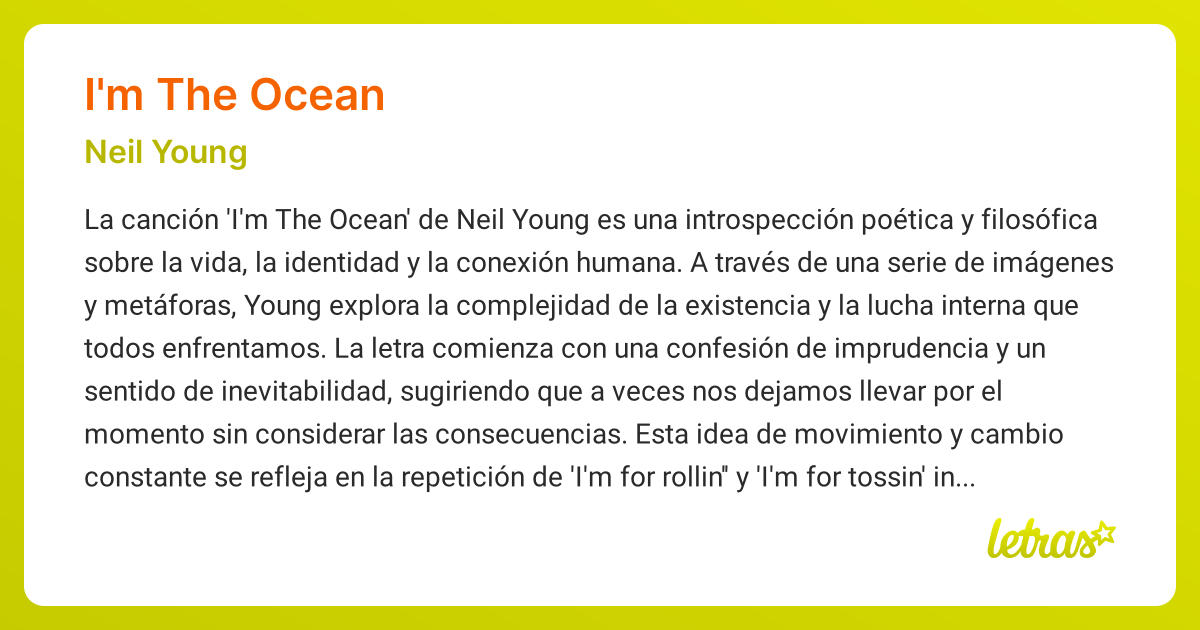 Significado de la canción I'M THE OCEAN (Neil Young) - LETRAS.COM
