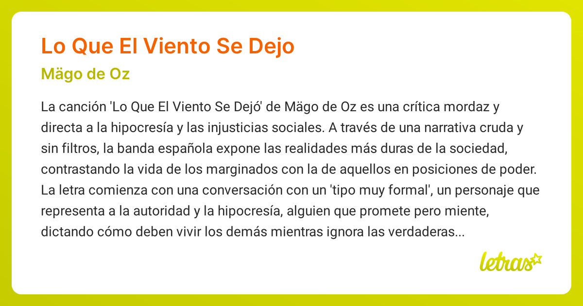 Significado de la canción LO QUE EL VIENTO SE DEJO (Mägo de Oz