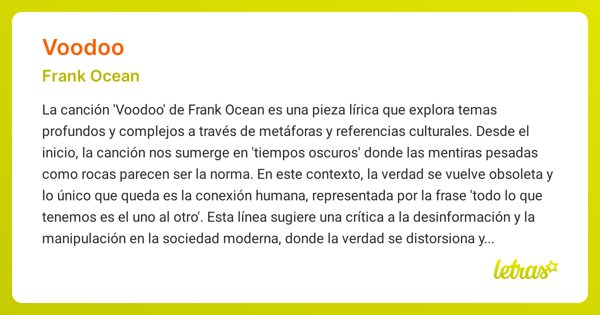 Significado de la canción VOODOO (Frank Ocean) - LETRAS.COM