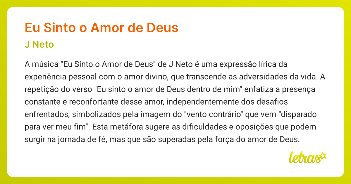 Significado da música EU SINTO O AMOR DE DEUS (J Neto) - LETRAS.MUS.BR