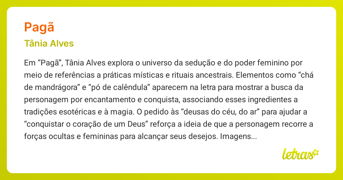 Significado da música PAGÃ (Tânia Alves) - LETRAS.MUS.BR