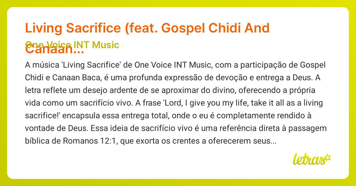 Significado da música Living Sacrifice (feat. Gospel Chidi And Canaan ...