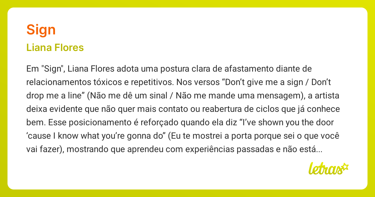 Significado da música SIGN (Liana Flores) - LETRAS.MUS.BR