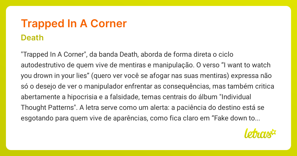 Significado da música TRAPPED IN A CORNER (Death) - LETRAS.MUS.BR