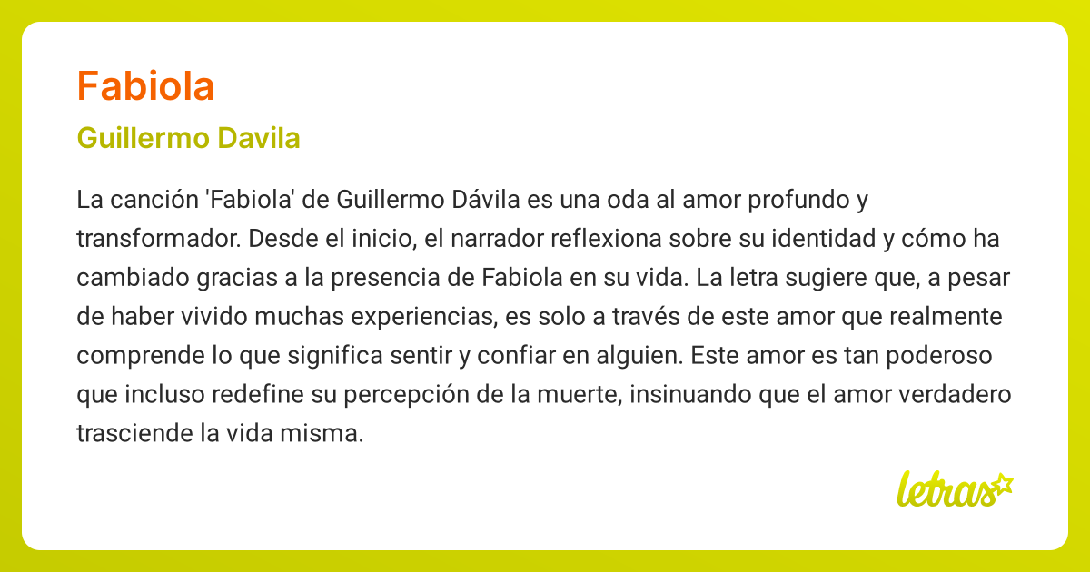 Significado de la canción FABIOLA (Guillermo Davila) - LETRAS.COM