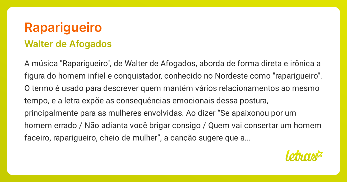 Significado da música RAPARIGUEIRO (Walter de Afogados) - LETRAS.MUS.BR