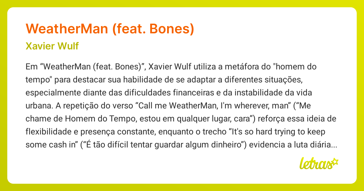 Significado da música WEATHERMAN (FEAT. BONES) (Xavier Wulf) - LETRAS ...