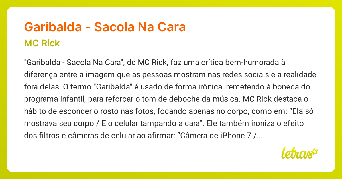Significado da música GARIBALDA - SACOLA NA CARA (MC Rick) - LETRAS.MUS.BR