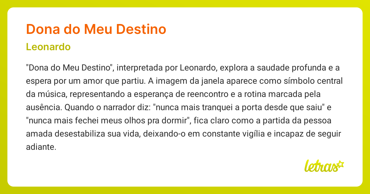 Significado da música DONA DO MEU DESTINO (Leonardo) - LETRAS.MUS.BR
