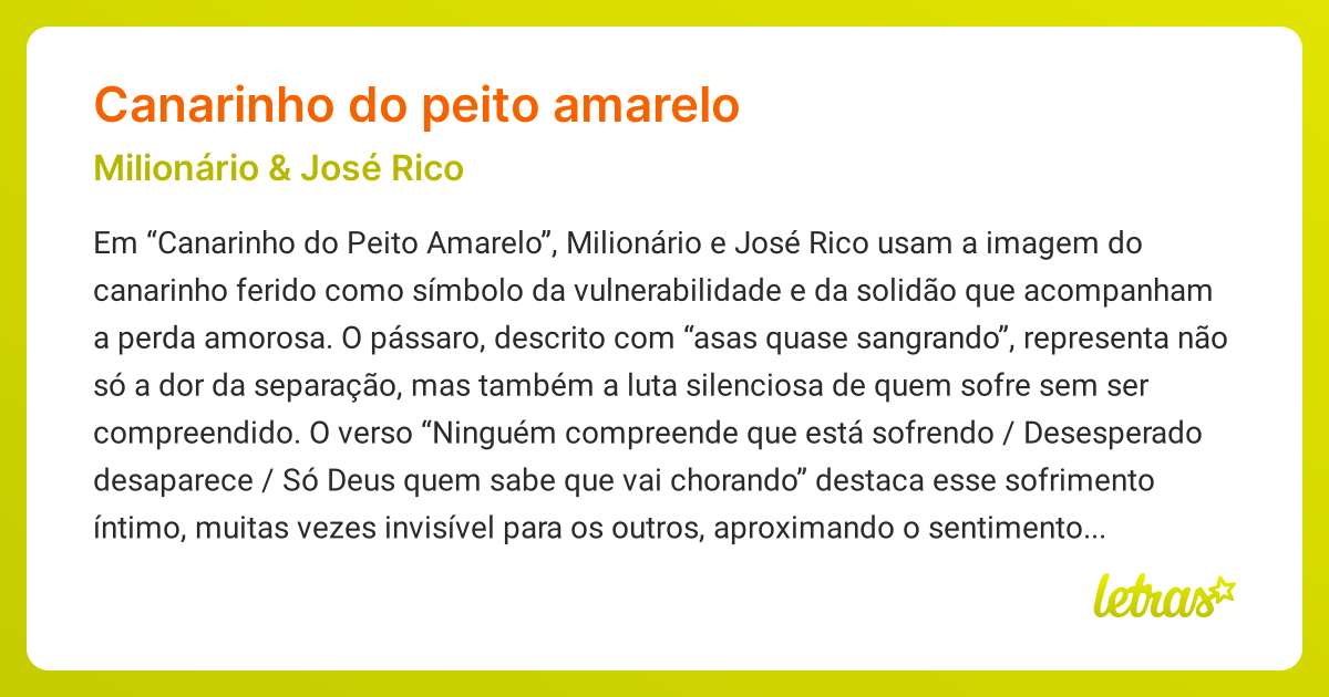 Significado da música CANARINHO DO PEITO AMARELO (Milionário e José ...