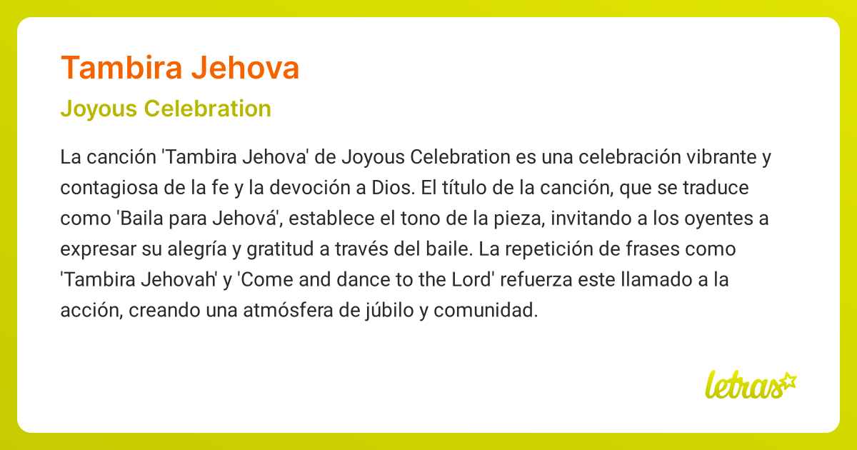 Significado de la canción TAMBIRA JEHOVA (Joyous Celebration)
