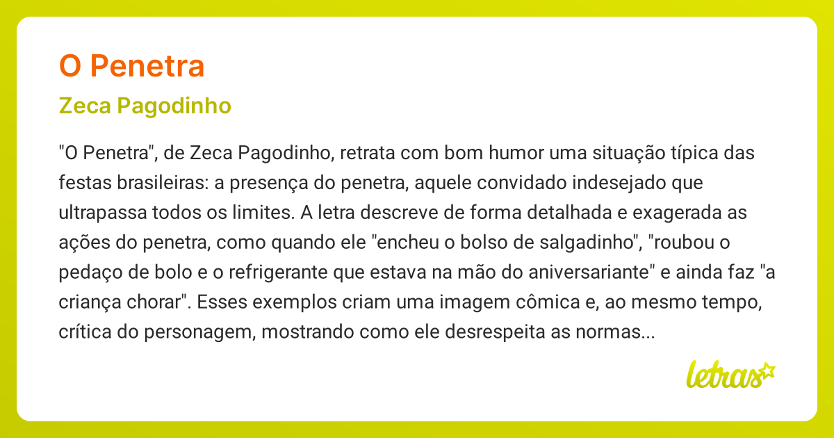 Significado da música O PENETRA (Zeca Pagodinho) - LETRAS.MUS.BR