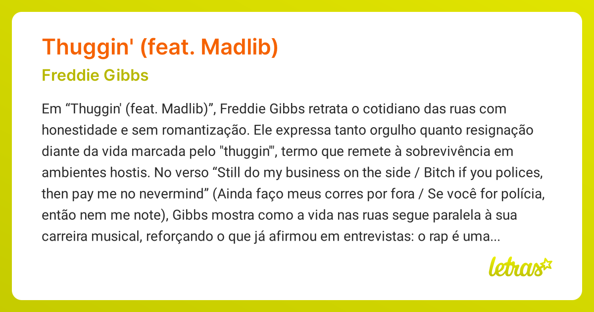 Significado da música THUGGIN' (FEAT. MADLIB) (Freddie Gibbs) - LETRAS ...