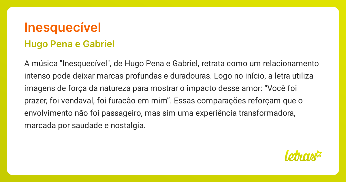 Significado da música INESQUECÍVEL (Hugo Pena e Gabriel) - LETRAS.MUS.BR