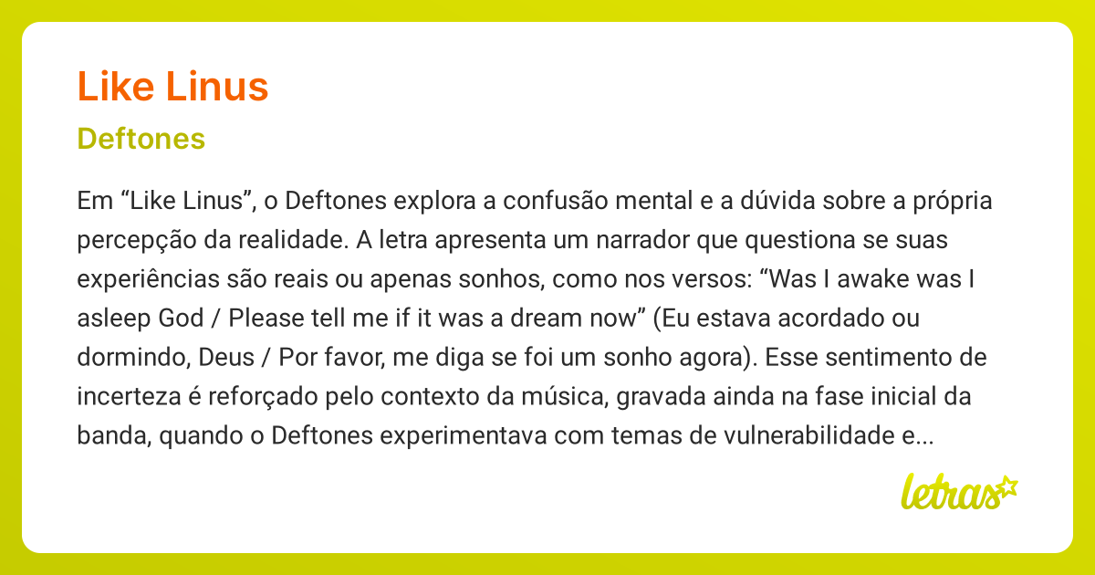 Significado da música LIKE LINUS (Deftones) - LETRAS.MUS.BR